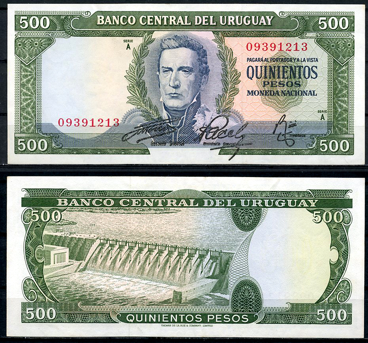 Уругвай 500 песо ND (1967) Хосе Хервасио Артигас, плотина ГЭС с водохранилищем Ринкон-дель-Монте на Рио-Негро, номер 093 Pick 48 a (6)  бумага   451-451-1