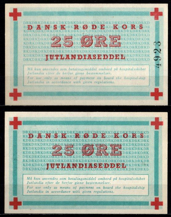 Дания 25 оре 1952 Для использования только в качестве платежного средства на борту госпитального судна «Ютландия» (Красный крест) бумага UNC (пресс) 8603-27-1-1