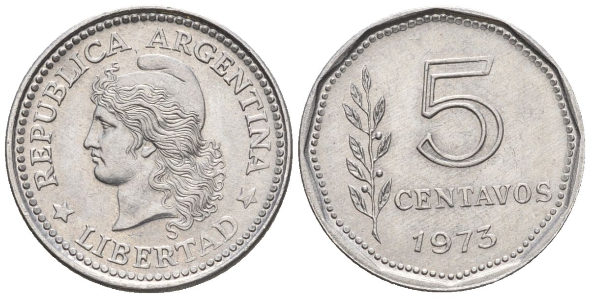 Аргентина 5 сентаво 1973 голова свободы влево KM 65, CJ 352, Schon 65 алюминий    4609-1214
