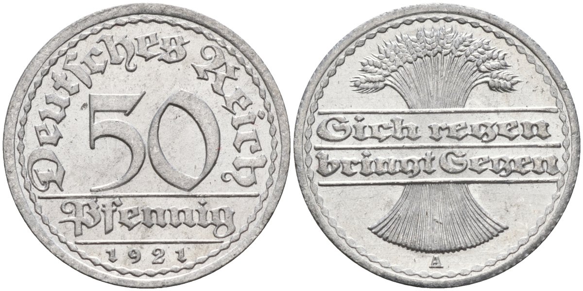 Германия 50 пфеннигов 1921 A KM 27, J.301, Weege 10 алюминий UNC 4584-813