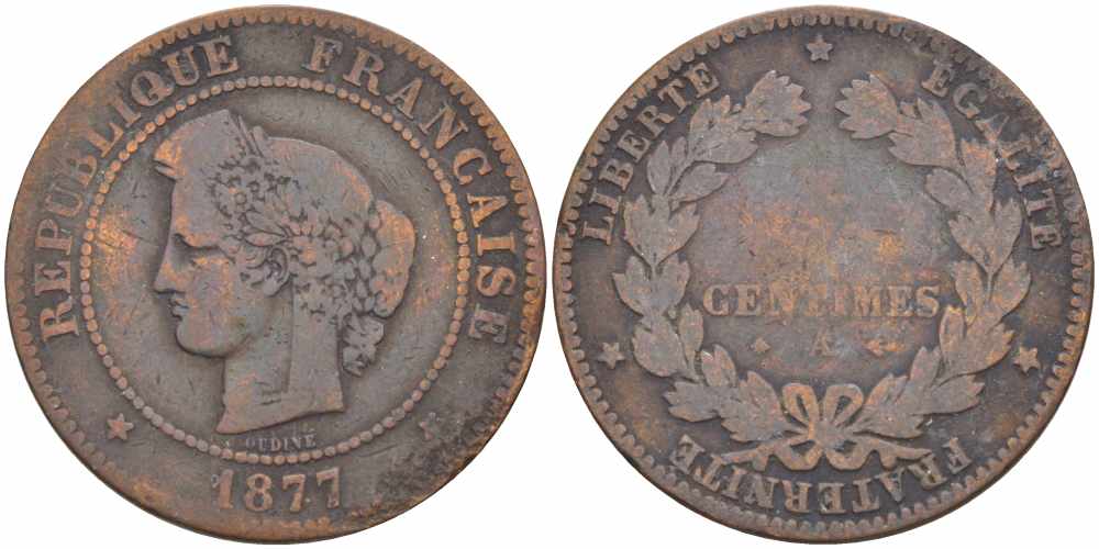 ФРАНЦИЯ 5 САНТИМОВ 1877 А, ТРЕТЬЯ РЕСПУБЛИКА (1871-1940) KM 821.1, LE FRANC 118.16 бронза 108-625