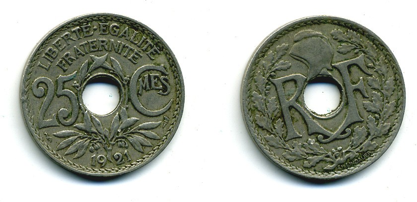 ФРАНЦИЯ 25 САНТИМОВ 1921 KM 867а медно-никель 84-416