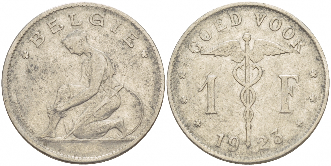 Бельгия 1 франк 1923 Belgie, Альберт I (1909-1934) KM 90 никель 51-246