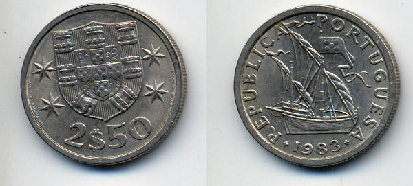 Португалия 2,5 эскудо 1983 парусник KM 590 медно-никель 29-441