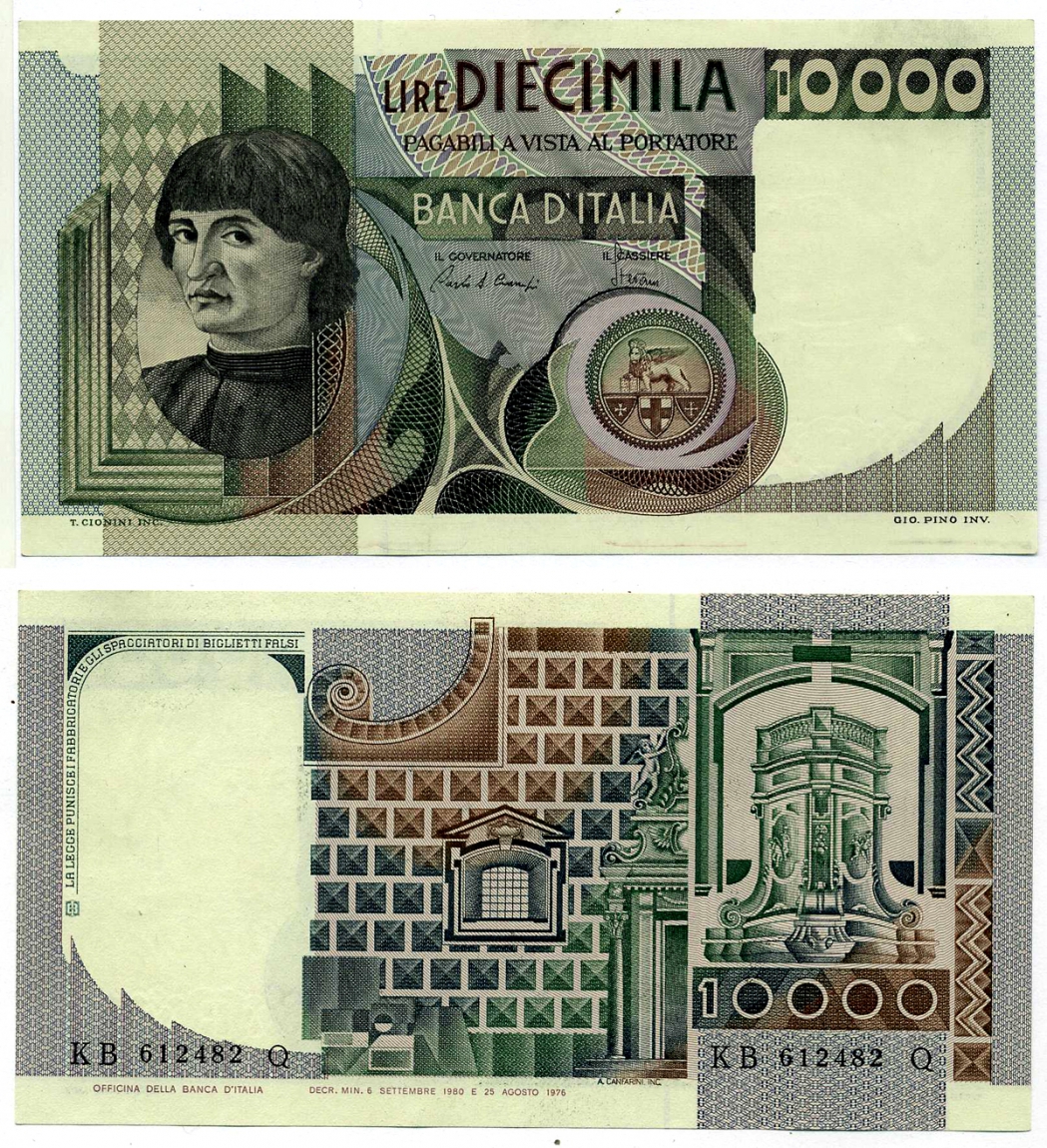 Италия 10000 лир 1980 Мужской портрет Андреа дель Кастаньо Pick 106b UNC (пресс) 7204-17-2