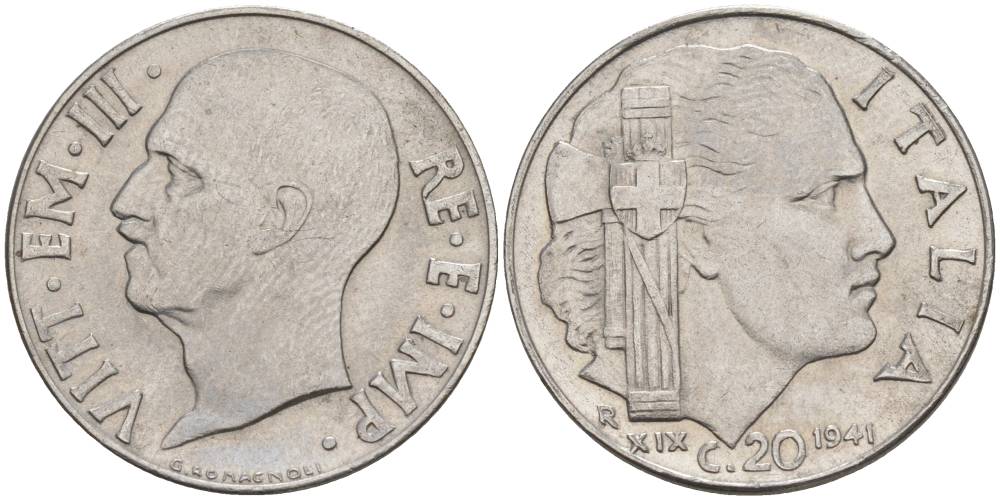 ИТАЛИЯ 20 ЧЕНТЕЗИМО 1941 R, ГОД XIX, ВИКТОР ЭММАНУИЛ III (1900-1946) KM 75b, VEM3. 1028 нержавеющая сталь 3853-545