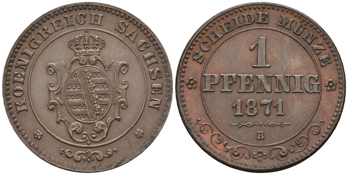 Саксония 1 пфенниг 1871 В, Johann (1854-1873) KM 1216 медь aUNC 4585-734