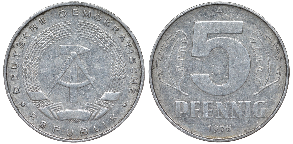 ГДР 5 ПФЕННИГОВ 1975 A KM 9.1 алюминий 62-317