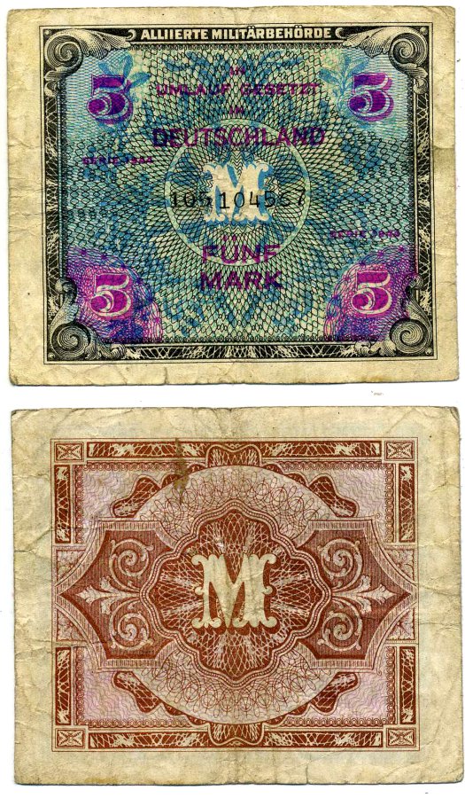 Германия, оккупация союзниками 5 марок 1944 девятизначный номер, без F Pick 193 b, Розенберг 202с бумага 2195-29-1-1