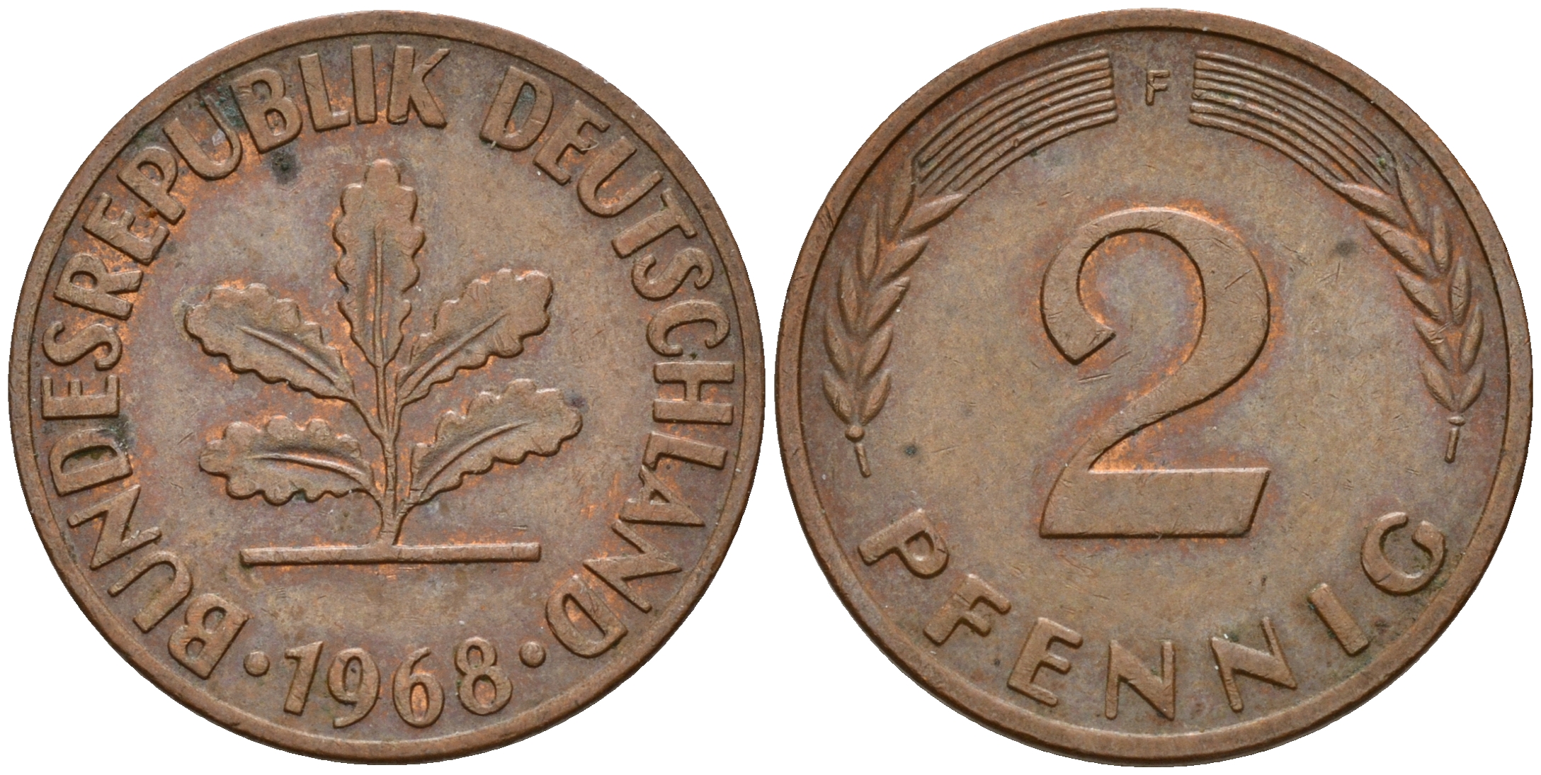 ФРГ 2 пфеннига 1968 F J.381a KM 106a сталь плакированная медью    4598-756