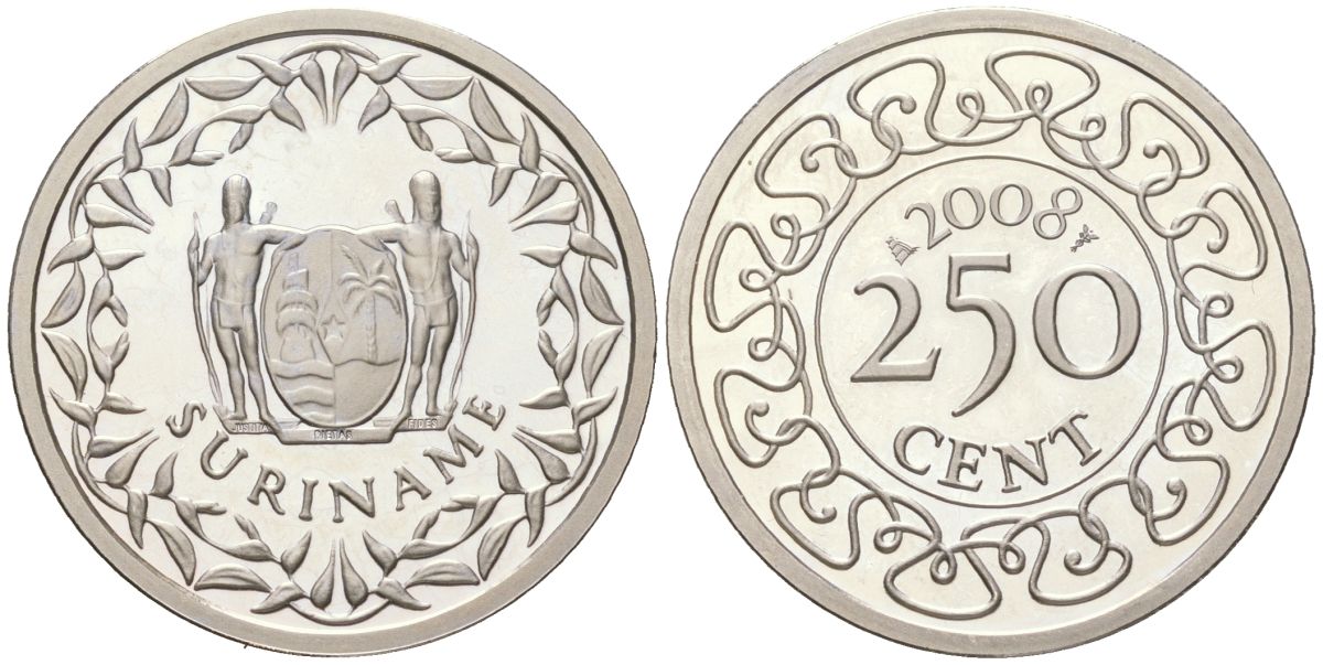 Суринам 250 центов 2008 KM 24 медно-никель PROOF 1523-1125