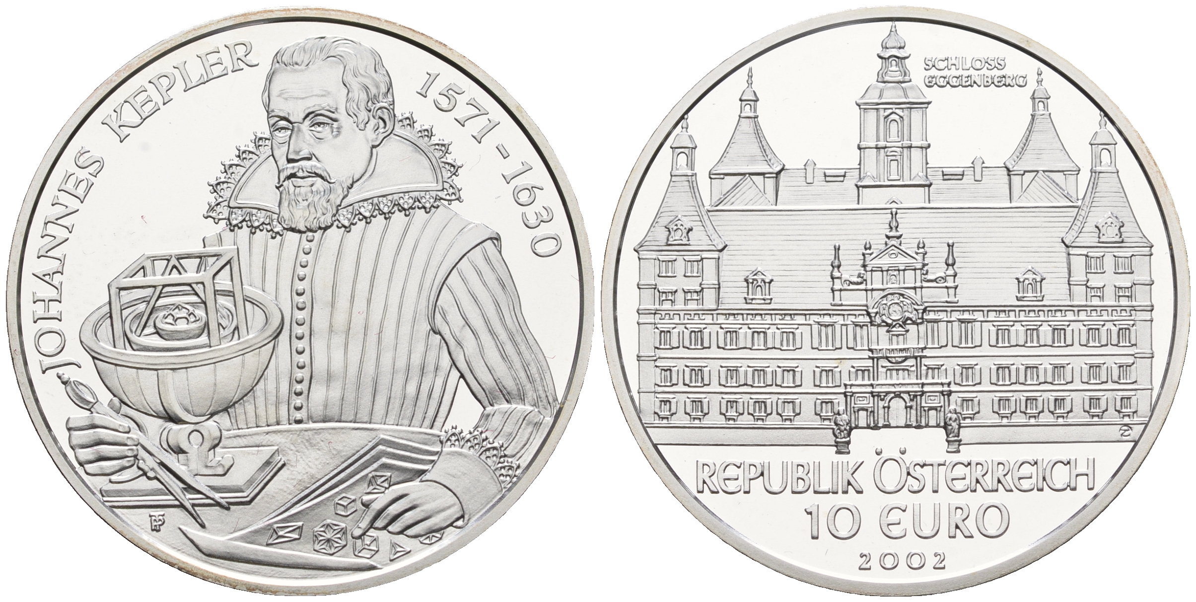 Австрия 10 евро 2002 замок Эггенберг, Иоганн Кеплер, в оригинальной коробке, сертификат KM 3099 серебро PROOF 3-4-11-20