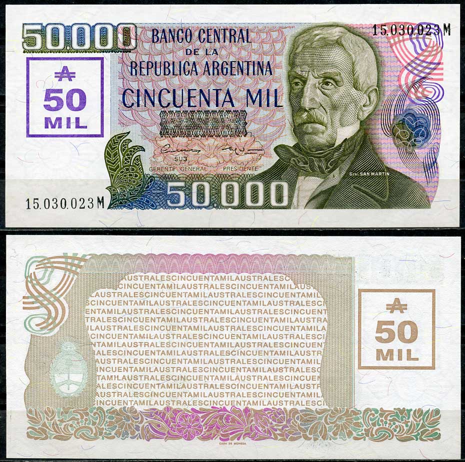 Аргентина 50000 аустралей ND (1989) Генерал Сан Мартин Pick 332 a  бумага  UNC (пресс) 451-547-3