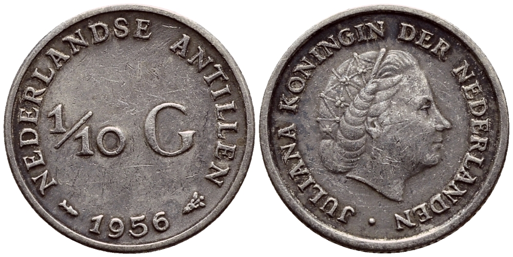 Нидерландские Антилы 1/10 гульдена 1956 Юлиана (1948-1980) KM 3 серебро 46-667
