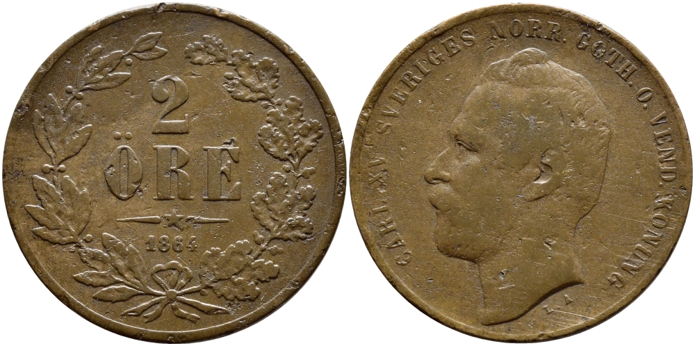 Швеция 2 эре 1864 Карл XV (1859-1872) KM 706 бронза 1530-844