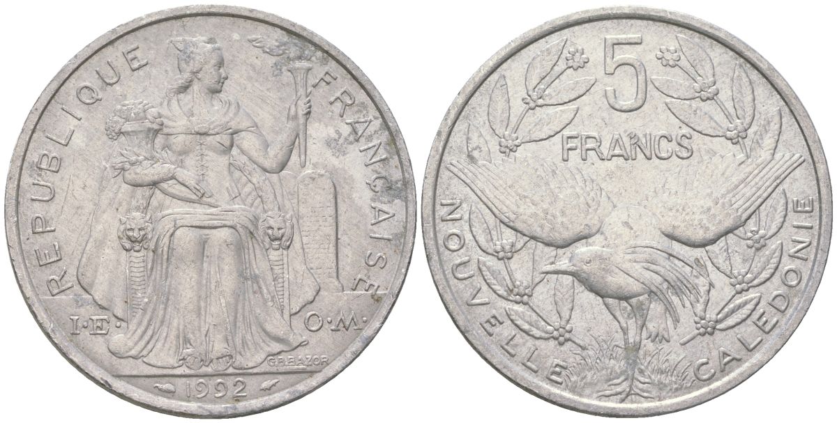 Французская Новая Каледония 5 франков 1992 птица кагу, (IEOM) KM 16, Schoen 12, Lec 80 алюминий 189-126