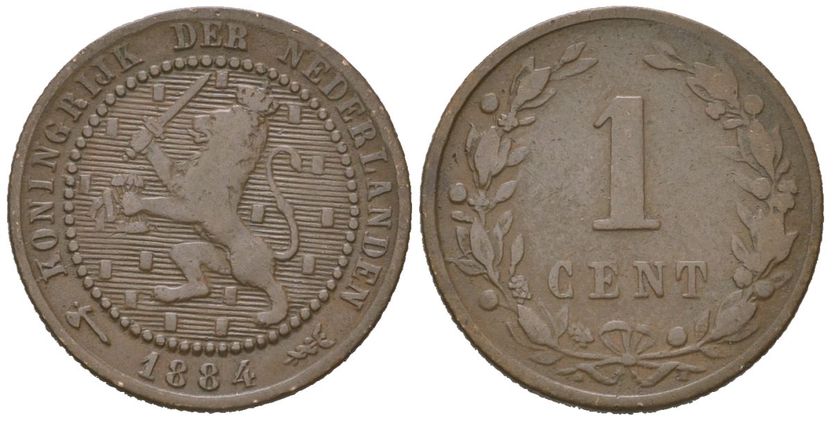 Нидерланды 1 цент 1884 Виллем III (1849-1890) KM 107 бронза 4154-458