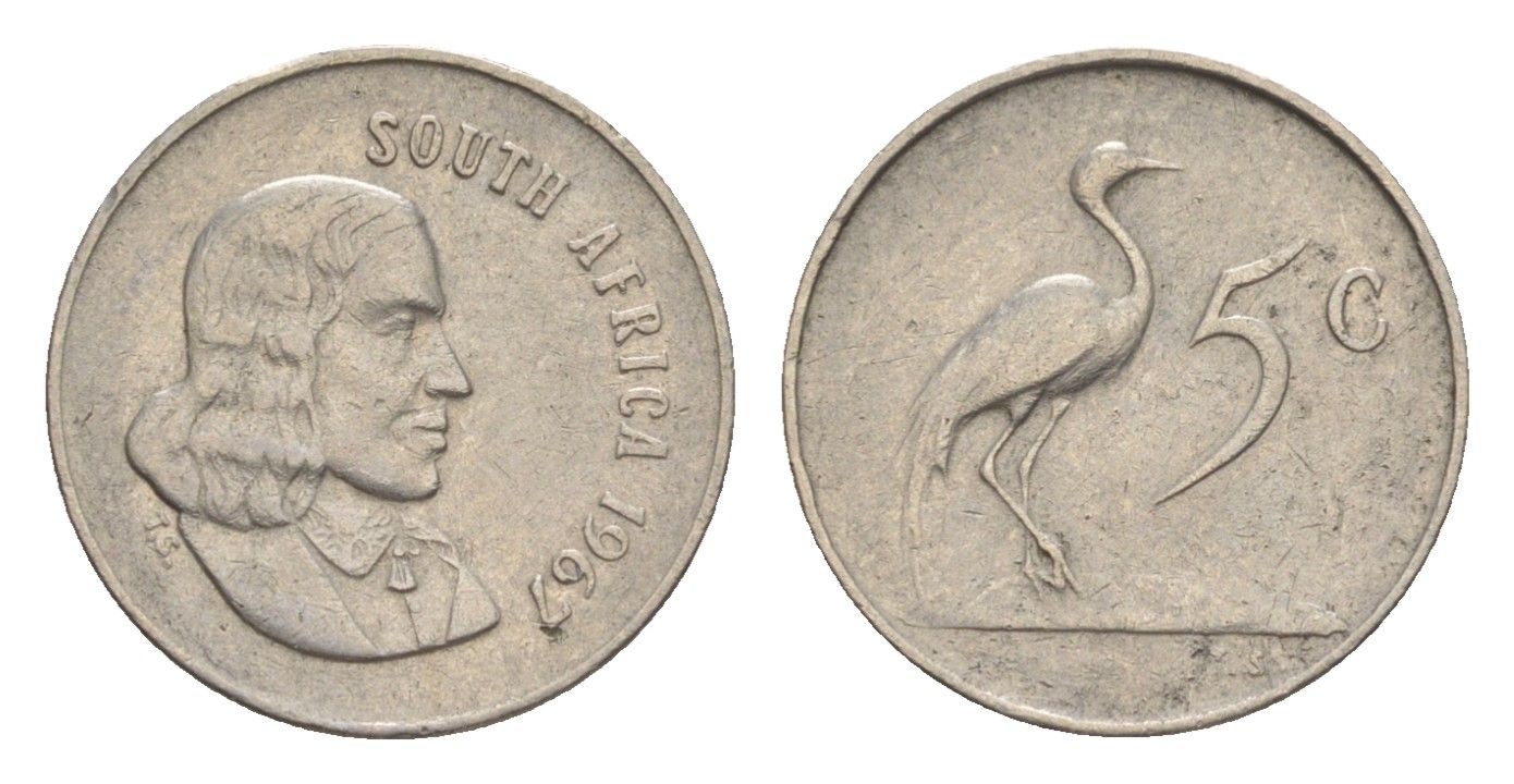 ЮАР 5 центов 1967 Ян ван Рибек (1619-1677), South Africa, легенда на англинском, райский журавль KM 67.1 никель 4621-251