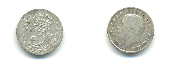 Великобритания 3 пенса 1916 Георг V (1910-1936) KM 813, Spink 4015 серебро 59-712