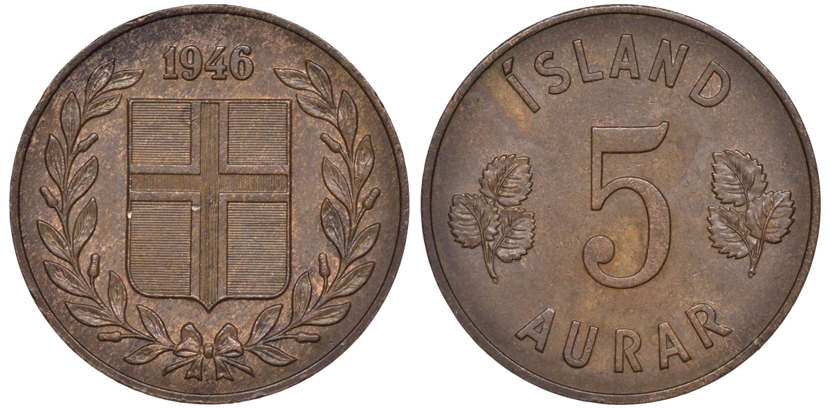 Исландия 5 эйре 1946 KM 9 бронза 4606-554