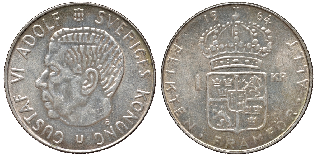 Швеция 1 крона 1964 U, Густав VI Адольф (1950-1973) KM 826 серебро 4178-753