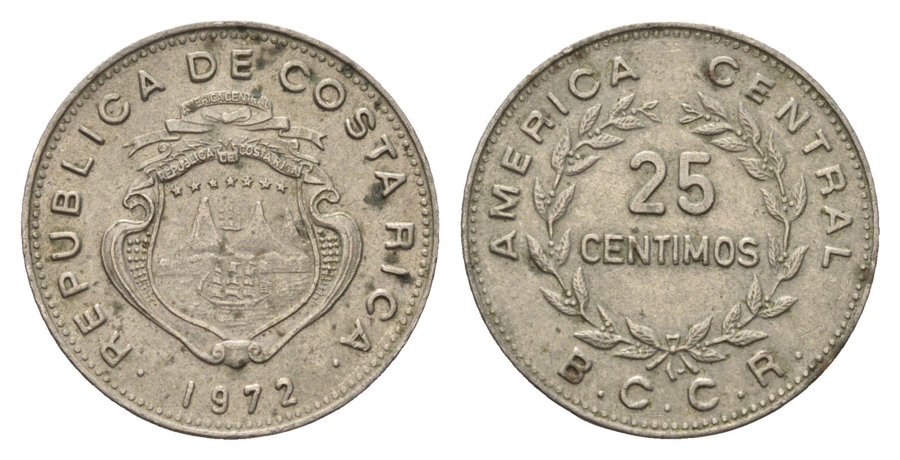 Коста-Рика 25 сентимо 1972 год-тип KM 188.2 медно-никель 4698-347