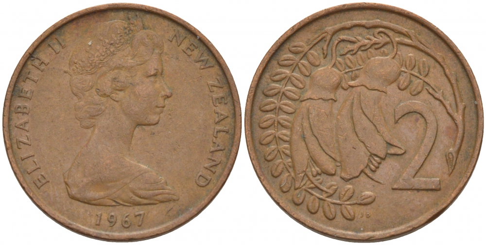 Новая Зеландия 2 цента 1967 Елизавета II (1952-2022), два цветка кохаи KM 32.1 бронза 4544-924