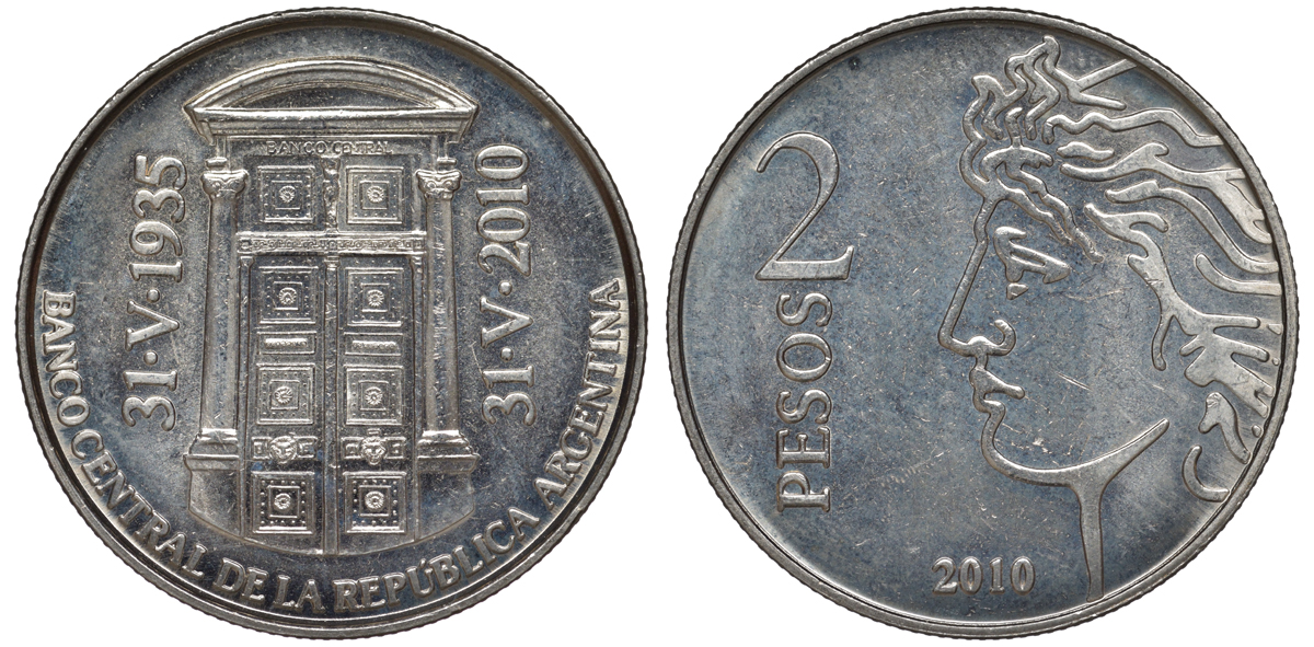 Аргентина 2 песо 2010 75 лет Центральному Банку KM 162 медно-никель UNC 4394-1126