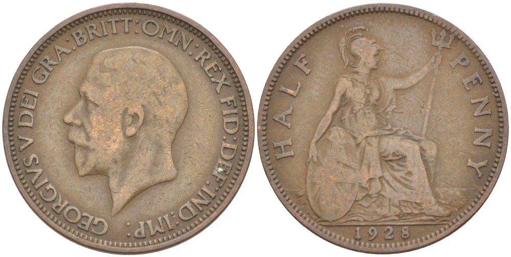 Великобритания 1/2 пенни 1928 Георг V (1910-1936) KM 837, Spink 4058 бронза 4513-432