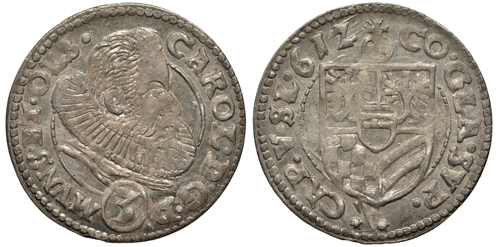 Силезия, Мюнстерберг, Олесница грошен (3 крейцера) 1612 Карл II серебро 413-931