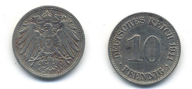 ГЕРМАНИЯ 10 ПФЕННИГОВ 1911 A KM 12, J. 13 медно-никель 58-345
