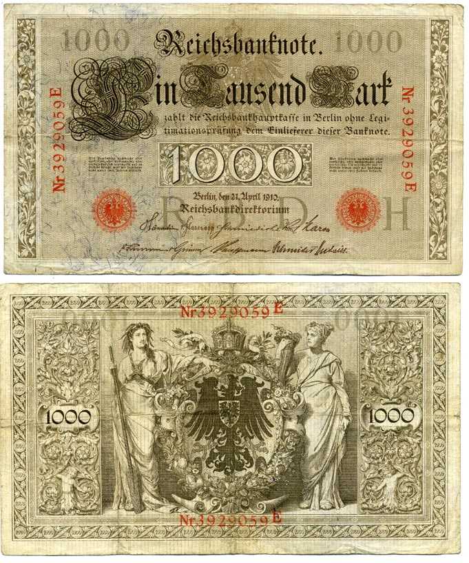 ГЕРМАНИЯ 1000 МАРОК 1910 КРАСНАЯ ПЕЧАТЬ, СЕМИЗНАЧНЫЙ НОМЕР Pick 44b бумага 8595-25-3-1