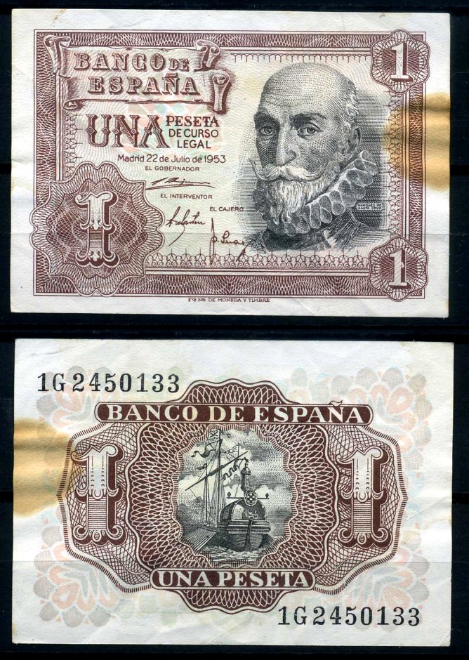 Испания 1 песета 1953 22 июля 1953, Мигель де Санта Круз Pick 144а бумага 8621-1-2-2
