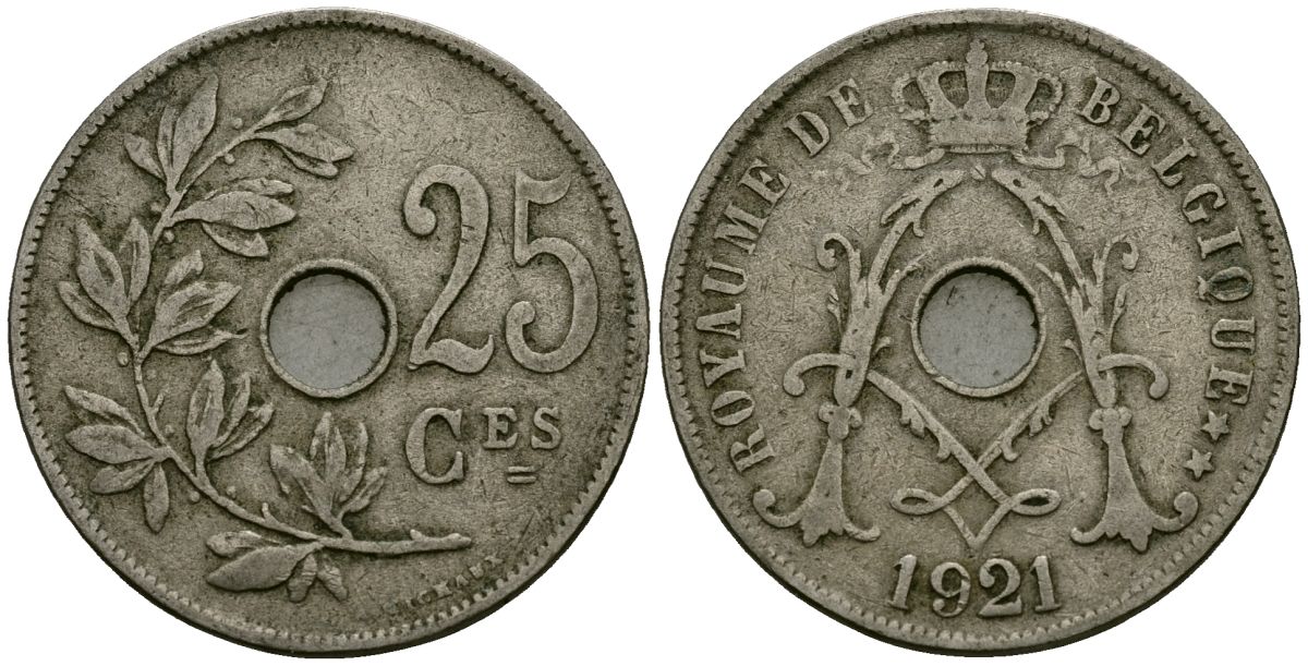Бельгия 25 сантимов 1921 Belgique KM 68 медно-никель 4168-1233