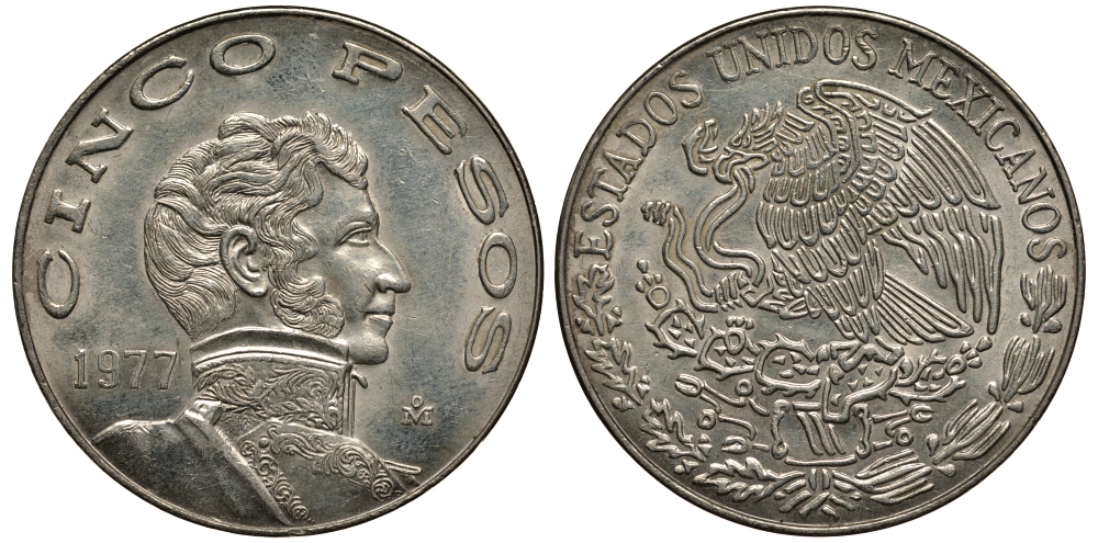 МЕКСИКА 5 ПЕСО 1977 ВИСЕНТЕ ГЕРРЕРО KM 472 медно-никель XF 118-1025