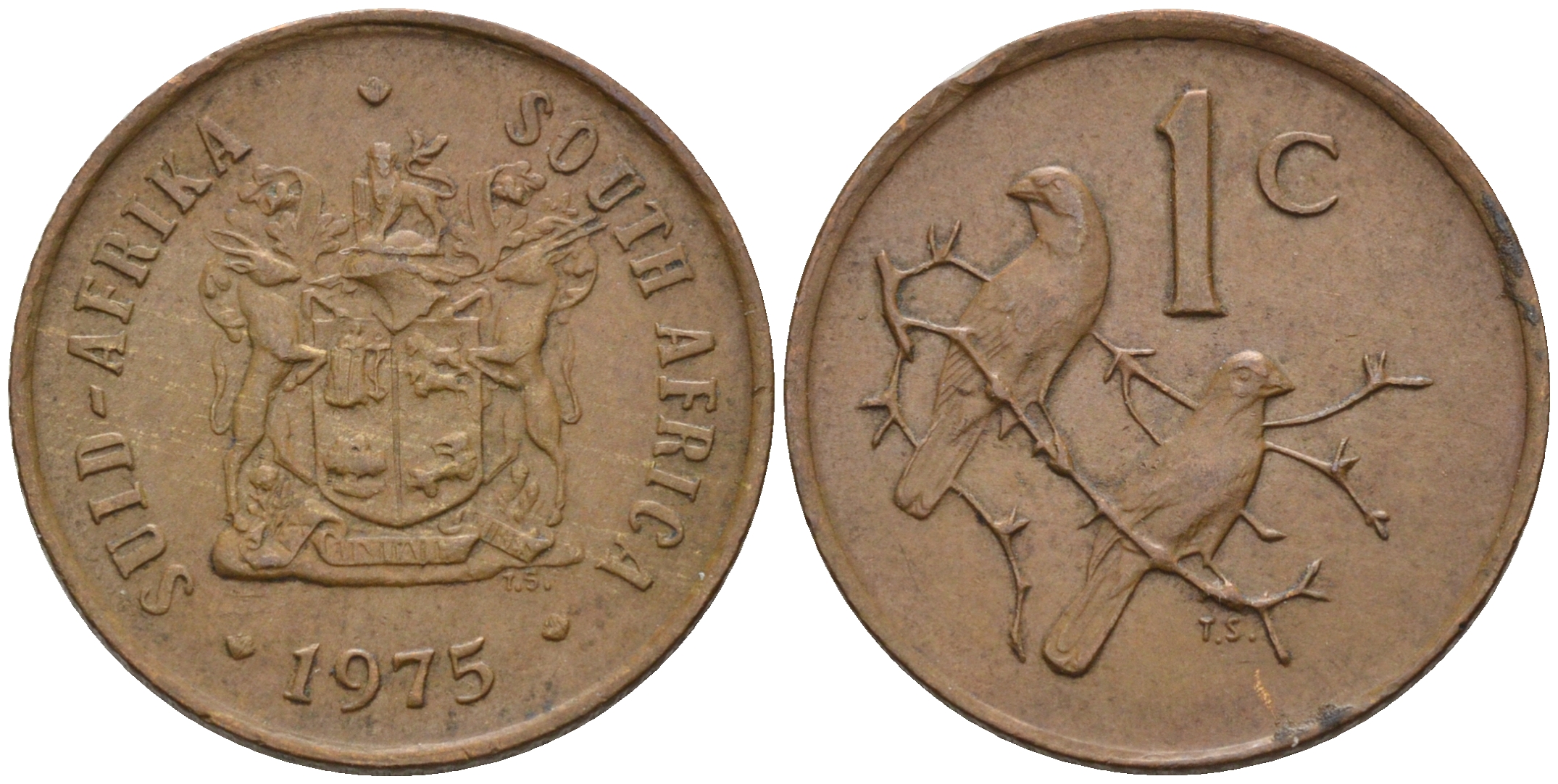 ЮАР 1 ЦЕНТ 1975 ГЕРБ, КАПСКИЕ ВОРОБЬИ KM 82 бронза 4588-1257