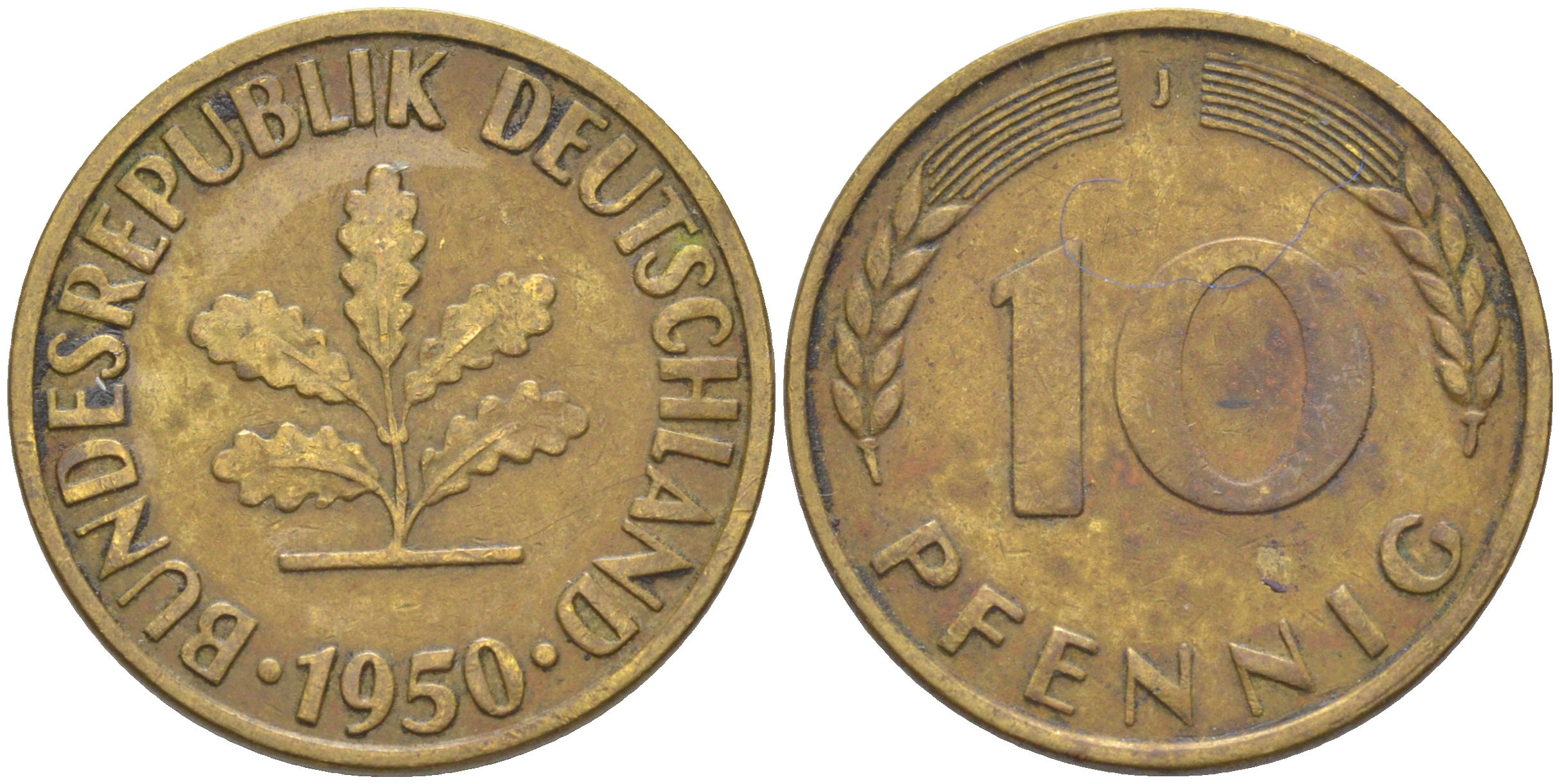 ФРГ 10 пфеннигов 1950 J KM 108, J. 383 сталь плакированная латунью 259-1011