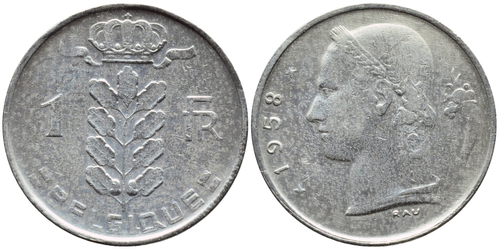 БЕЛЬГИЯ 1 ФРАНК 1959 BELGIQUE KM 142.1 медно-никель 4388-435