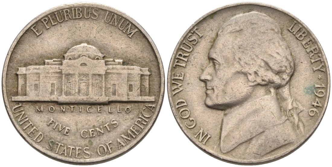 США 5 центов 1946 Джефферсон KM А192 медно-никель 92-952