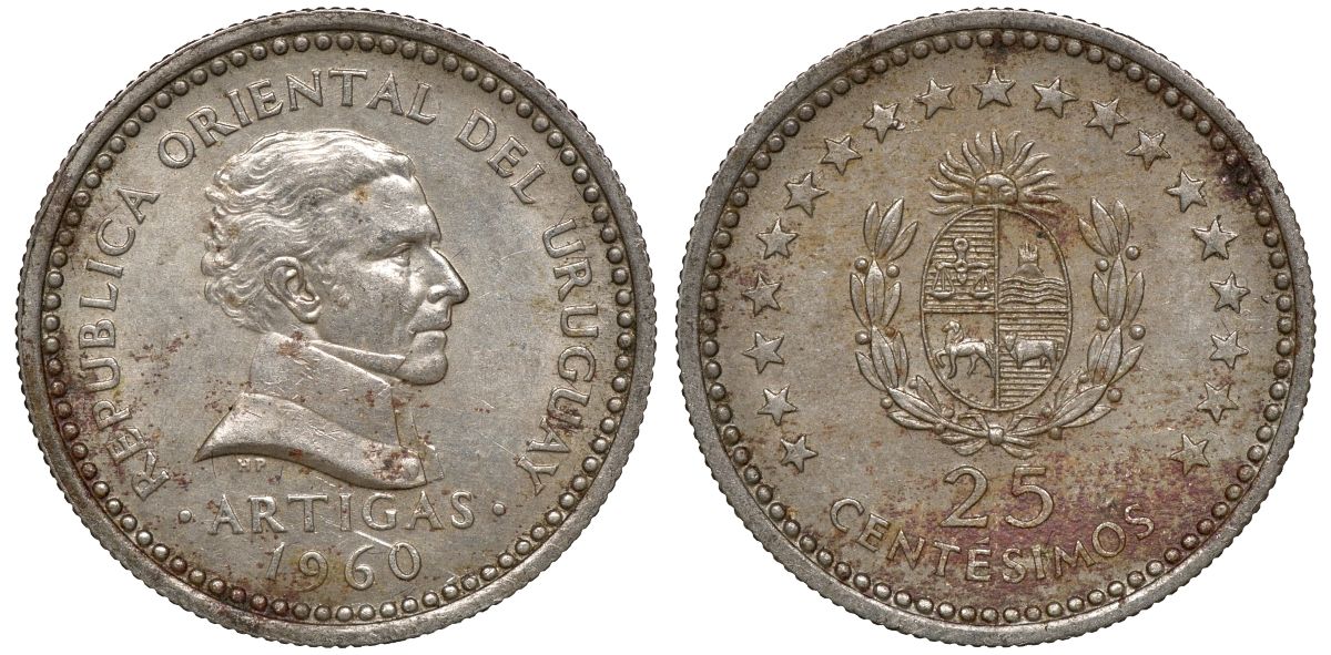 Уругвай 25 сентесимо 1960 KM 40 медно-никель 4169-835