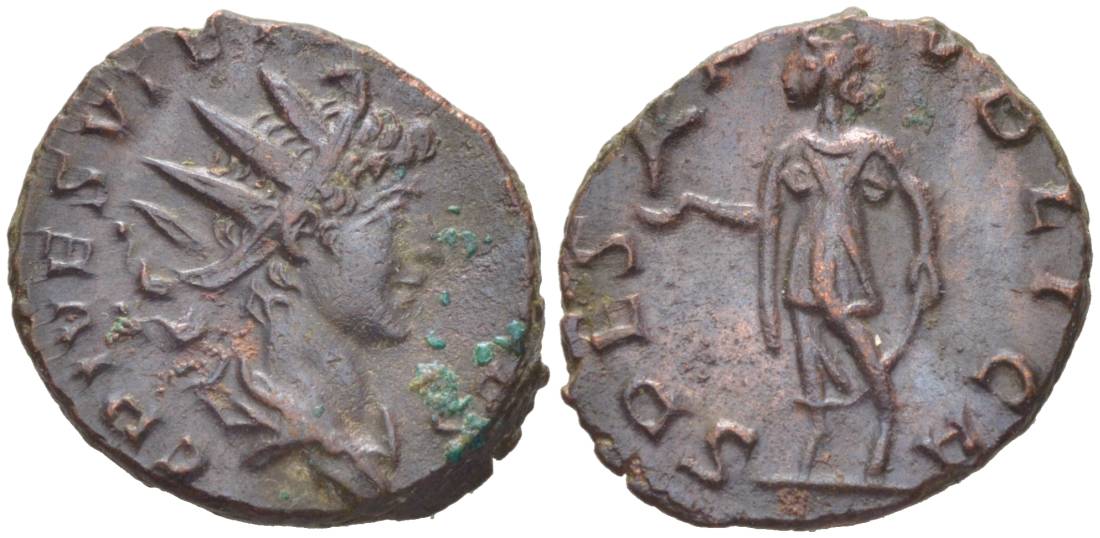 Римская Империя, императоры в Галлии антониниан 273 - 274 Тетрик II, C PIV ESV TETRICVS CAES, бюст цезаря / SPES PVBLICA, Спея, персонификация Надежды, Августа Треверов RIC 272 биллон 1073-20-82