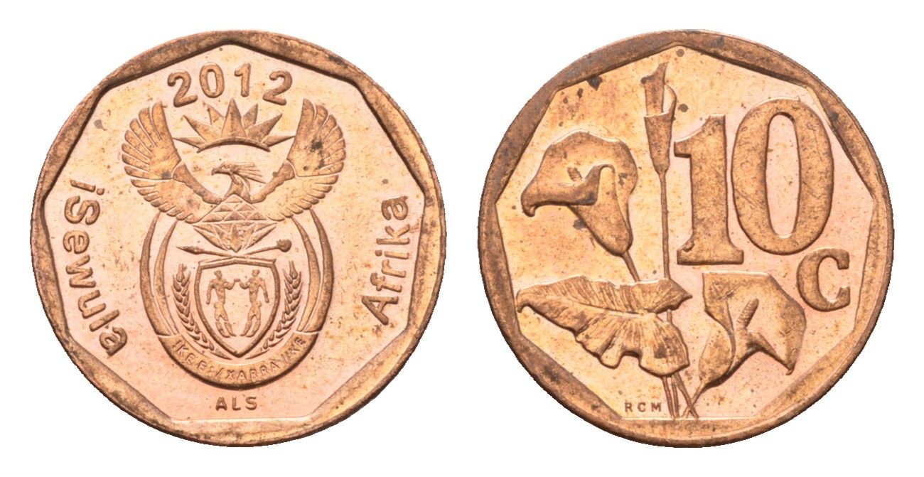 ЮАР 10 центов 2012 герб, цветок алоэ сталь плакированная бронзой UNC 4687-511
