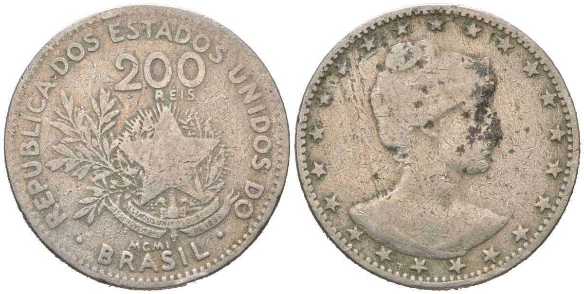 Бразилия 200 реалов 1901 MCMI, голова свободы вправо KM 504 медно-никель 4612-117