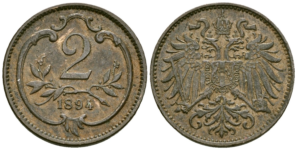Австрия 2 геллера 1894 Франц Иосиф (1846-1918) KM 2801 бронза 4173-1112