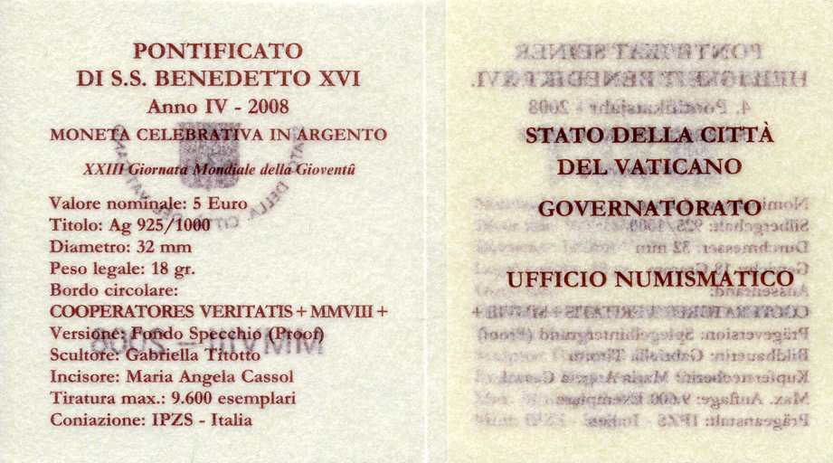Ватикан 5 евро 2008 Бенедикт XVI, XXVII летние Олимпийские игры 2000 года в Сиднее, в оригинальной коробке, с сертификатом KM 406 серебро  PROOF  7-1-1-29