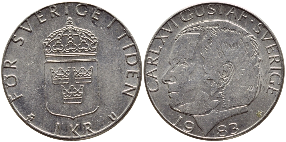 Швеция 1 крона 1983 Карл XVI Густав (1973- ) KM 852a медно-никель 4397-1124