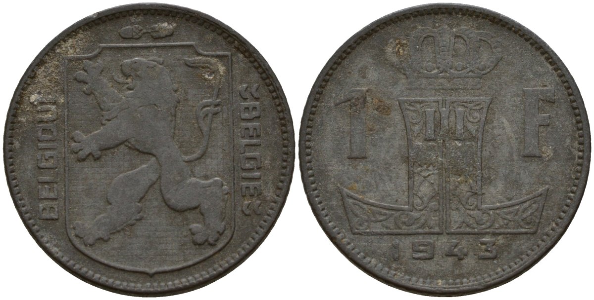 Бельгия 1 франк 1943 Belgique - Belgie, Леопольд III (1934-1947), германская оккупация, Вторая мировая война KM 127 цинк 4161-533