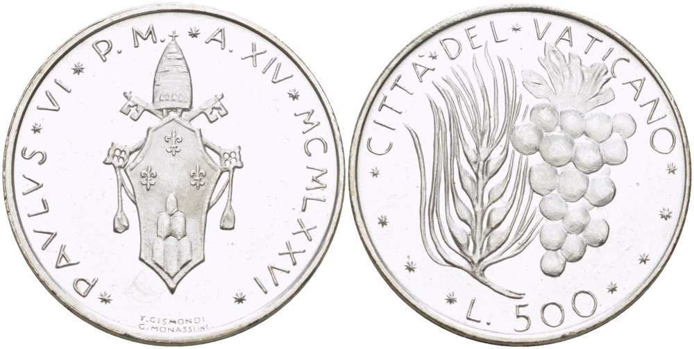 Ватикан 500 лир 1976 XIV год, Павел VI (1963-1978), пшеница и виноград KM 123 серебро    4512-822