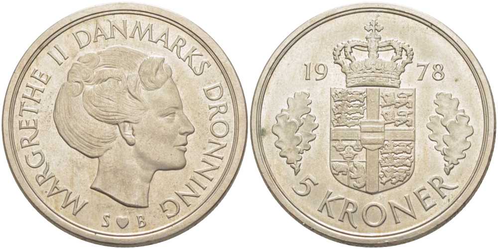 ДАНИЯ 5 КРОН 1978 S; B, МАРГРЕТЕ II (1972-) KM 863.1 медно-никель 32-1216