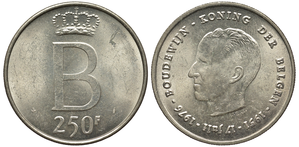 Бельгия 250 франков 1976 25 лет правления Бодуэна I, der Belgen KM 158.1 серебро UNC 443-1214